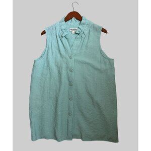 Norm Thompson Womens PXL Aqua Sleeveless Blouse W/ Ruffle Collar & Button Front
